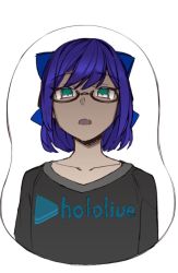Rule 34 | 1girl, a-chan (hololive), breast mousepad, collarbone, colorized, copyright name, cropped torso, eyes visible through hair, flat chest, flat chest joke, glasses, hololive, looking at viewer, mousepad, mousepad (medium), open mouth, self-upload, short hair, solo, tenbin gashira, third-party edit, upper body, virtual youtuber, white background