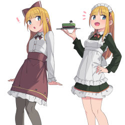 Rule 34 | !, 1girl, :d, :o, blonde hair, blue eyes, bow, brown bow, brown skirt, cake, fang, food, hair bow, hand on own hip, highres, holding, holding plate, long hair, long sleeves, looking at viewer, maid, maid headdress, multiple views, open mouth, original, pantyhose, plate, saiste, shirt, simple background, skin fang, skirt, smile, white background, white pantyhose, white shirt