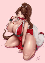 Rule 34 | 1girl, absurdres, areola slip, breasts, brown hair, cleavage, curvy, fatal fury, full body, grin, highres, huge breasts, kneeling, long hair, looking at viewer, ponytail, red eyes, shiranui mai, smile, solo, thebig-z, thick thighs, thighs, very long hair, wide hips