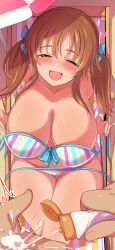 Rule 34 | 1girl, absurdres, bare shoulders, beach umbrella, bikini, blue ribbon, blush, bottle, breasts, brown eyes, cameltoe, collarbone, crossed legs, from above, hair ribbon, half-closed eyes, hands up, hanging breasts, highres, holding, holding bottle, idolmaster, idolmaster cinderella girls, large breasts, leaning forward, long hair, looking at viewer, lotion, morino shoutarou, multicolored bikini, multicolored clothes, musical note, naughty face, on chair, open mouth, parted lips, polka dot, polka dot bikini, pov, pov hands, ribbon, sitting, solo focus, string bikini, striped bikini, striped clothes, sunscreen, swimsuit, thigh gap, thighs, totoki airi, twintails, umbrella, untied bikini, white bikini