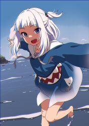 Rule 34 | 1girl, :o, animal costume, barefoot, blue eyes, blue hair, blue hoodie, blue sky, day, fins, fish tail, gawr gura, gawr gura (1st costume), hair ornament, highres, hololive, hololive english, hood, hoodie, looking at viewer, medium hair, multicolored hair, nyus0721, ocean, one side up, open mouth, outdoors, shark costume, shark girl, shark hair ornament, shark print, shark tail, sharp teeth, sky, solo, streaked hair, tail, teeth, virtual youtuber, water, white hair