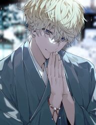 Rule 34 | 1boy, absurdres, blonde hair, blurry, blurry background, bracelet, closed mouth, commentary, english commentary, gradient hair, grey jacket, grey kimono, hair between eyes, hands up, haori, head tilt, highres, jacket, japanese clothes, jewelry, keita kg85, kimono, long sleeves, looking at viewer, male focus, multicolored hair, nijisanji, nijisanji en, open clothes, open jacket, own hands together, praying, purple eyes, short hair, smile, snow, snowing, solo, sonny brisko, upper body, virtual youtuber, wide sleeves