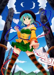 Rule 34 | 1girl, adapted costume, bare shoulders, breasts, byoubyou, choker, cloud, day, detached sleeves, female focus, foreshortening, hat, heart, highres, komeiji koishi, outdoors, pointing, rope, shimenawa, sky, solo, striped clothes, striped thighhighs, symbol-shaped pupils, thighhighs, touhou, zettai ryouiki