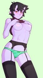 Rule 34 | 1girl, abs, black garter belt, black hair, black thighhighs, blush, bow, bow panties, breasts, clothes lift, colored skin, frown, garter belt, green background, green panties, highres, horns, ittla, lifted by self, light areolae, medium breasts, nipples, no pants, oni horns, orange hair, original, panties, pointy ears, purple skin, short hair, simple background, slit pupils, solo, spiked hair, striped clothes, striped panties, sweatdrop, sweater, sweater lift, thick eyebrows, thighhighs, ume (ittla), underwear