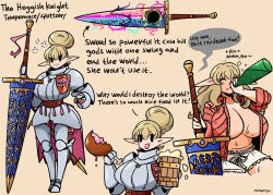 Rule 34 | 1girl, armor, eating, english text, murgoten, pointy ears, sword, weapon