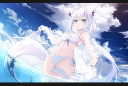 Rule 34 | 1girl, animal ear fluff, animal ears, bikini, braid, breasts, bridal garter, cloud, cloudy sky, commentary, day, dutch angle, earrings, eatos, english commentary, fox ears, fox girl, fox tail, green eyes, hair between eyes, highres, holding, holding clothes, holding shirt, hololive, jewelry, long hair, looking at viewer, navel, ocean, open clothes, open shirt, outdoors, outstretched arm, pentagram, see-through, see-through shirt, shirakami fubuki, shirt, sidelocks, single braid, sky, small breasts, smile, solo, swimsuit, tail, very long hair, virtual youtuber, wading, white bikini, white hair, white shirt