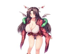 Rule 34 | 1girl, blush, breasts, brown eyes, brown hair, cleavage, dragon providence, groin, hair ornament, huge breasts, leaning forward, long hair, looking at viewer, official art, open mouth, parted bangs, parted lips, snake, snake hair, solo, standing, transparent background, wide sleeves
