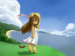 Rule 34 | 1girl, animal ears, barefoot, beach, blush, brown hair, child, cloud, dress, fang, female focus, furry, furry female, grass, hat, hill, kagerofu, landscape, lion ears, lion tail, long hair, mountain, ocean, open mouth, shore, skirt, sky, smile, solo, standing, straw hat, sun hat, tail, water, white dress, yellow eyes