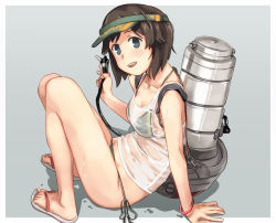 Rule 34 | 1girl, arm support, bad id, bad pixiv id, bare legs, bikini, bikini under clothes, blue eyes, breasts, brown hair, cleavage, collarbone, crop top, flip-flops, from side, hayasui (kancolle), kantai collection, looking at viewer, makio (makiomeigenbot), medium breasts, no pants, open mouth, rigging, sandals, see-through, shirt, short hair, side-tie bikini bottom, simple background, sitting, smile, solo, strap gap, swimsuit, visor cap, wet, wet clothes, wet shirt, wristband
