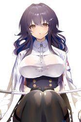 Rule 34 | 1girl, azuma (azur lane), azur lane, black gloves, black pantyhose, blush, bra visible through clothes, breasts, brown eyes, gloves, hair between eyes, hair ornament, hairclip, highres, hoerutarou, katana, large breasts, long hair, looking at viewer, open mouth, pantyhose, purple hair, sidelocks, signature, simple background, sitting, solo, sword, thighband pantyhose, weapon, white background