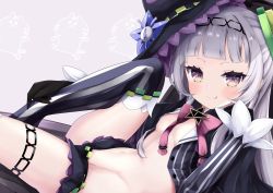 Rule 34 | 1girl, black gloves, black hat, blunt bangs, blush, bow, bowtie, closed mouth, cocozasa, gloves, groin, hair bun, hat, highres, hololive, long hair, long sleeves, looking at viewer, lying, midriff, murasaki shion, murasaki shion (1st costume), navel, on back, open clothes, open shirt, pink bow, pinstripe pattern, pinstripe shirt, shirt, short eyebrows, silver hair, single hair bun, single side bun, smile, solo, striped clothes, striped shirt, thigh strap, tilted headwear, tongue, tongue out, vertical-striped clothes, vertical-striped shirt, virtual youtuber, witch hat, yellow eyes