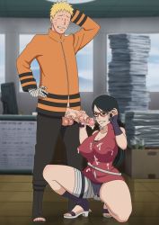 Rule 34 | 1boy, 1girl, absurdres, age difference, alternate breast size, awesomegio, black hair, blonde hair, boruto: naruto next generations, cheating (relationship), clothed sex, covered erect nipples, cum, cum on body, cum on upper body, curvy, desktop, erection, facial mark, glasses, hetero, highres, huge filesize, indoors, long sleeves, naruto (series), naughty face, office, older man and younger girl, open-toe shoes, papers, penis, sandals, sex, short hair, short sleeves, squatting, testicles, thick thighs, thighs, uchiha sarada, uzumaki naruto, veins, veiny penis, whisker markings