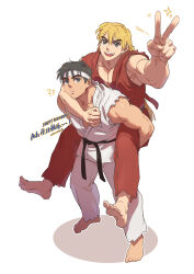Rule 34 | 2boys, aged down, black hair, blonde hair, capcom, carrying, carrying person, dougi, english text, full body, headband, highres, ken masters, male focus, multiple boys, piggyback, ryu (street fighter), short hair, street fighter, toned, toned male, v, yaoi, yuiofire