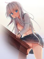 Rule 34 | 1girl, absurdres, black skirt, blue eyes, breasts, clothes in mouth, clothes lift, commentary request, crotch rub, female masturbation, hair between eyes, hibiki (kancolle), highres, isurugi gen, kantai collection, lifted by self, long hair, looking at viewer, masturbation, mouth hold, navel, nipples, no bra, no panties, pussy, pussy juice, school uniform, serafuku, shirt, shirt in mouth, shirt lift, skirt, small breasts, solo, table, table humping, tears, thighs, uncensored, white hair, white shirt