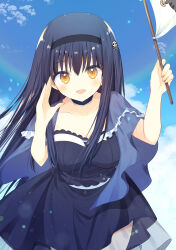 Rule 34 | 1girl, :d, absurdres, aiyan, black choker, black hairband, blue capelet, blue dress, blue sky, blush, bone hair ornament, breasts, calling, capelet, choker, cloud, collarbone, commentary request, cowboy shot, day, dress, eyelashes, eyes visible through hair, flag, floating hair, frilled capelet, frilled choker, frilled dress, frills, hair between eyes, hair ornament, hairband, happy, highres, holding, holding flag, kushima kamome, large breasts, leaning forward, lens flare, long dress, long hair, looking at viewer, open mouth, outdoors, skull and crossbones, skull hair ornament, sky, smile, solo, standing, straight-on, straight hair, summer pockets, very long hair, white flag, yellow eyes