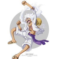 Rule 34 | 1boy, abs, clenched hands, cloud hair, curly eyebrows, facial scar, fiery hair, gear fifth, hat, highres, jumping, looking to the side, male focus, monkey d. luffy, official art, one piece, open clothes, open mouth, pants, pectorals, sandals, scar, scar on cheek, scar on chest, scar on face, short hair, smile, solo, straw hat, toei animation, white hair