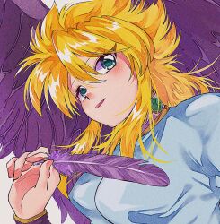 Rule 34 | 1girl, blonde hair, blue eyes, breasts, breath of fire, breath of fire ii, feathered wings, feathers, highres, jewelry, long hair, looking at viewer, medium breasts, nina (breath of fire ii), open mouth, purple wings, simple background, smile, solo, susuko (aitonikusimi), white background, wings