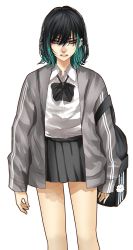 Rule 34 | 1girl, backpack, bag, bag charm, black bag, black bow, black bowtie, black hair, blue hair, bow, bowtie, charm (object), collared shirt, contrapposto, grey eyes, grey jacket, hair ornament, hairclip, high-waist skirt, highres, hoshi san 3, jacket, long sleeves, looking at viewer, medium hair, miniskirt, multicolored hair, open clothes, open jacket, original, parted lips, pleated skirt, shirt, simple background, skirt, solo, standing, two-tone hair, white background, white shirt, wing collar
