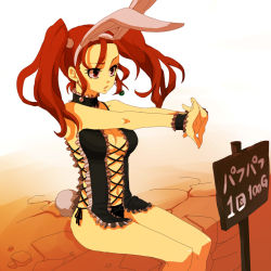Rule 34 | 1girl, alternate costume, animal ears, antenna hair, bad id, bad pixiv id, bare shoulders, black panties, breasts, rabbit ears, rabbit tail, bustier, choker, cleavage, collar, corset, dangerous bustier (dq), dragon quest, dragon quest viii, earrings, frills, jessica albert, jewelry, legs, lingerie, open mouth, orange hair, outdoors, panties, placard, prostitution, red eyes, red hair, short twintails, sign, solo, square enix, tail, thighs, translated, twintails, underwear, zakki
