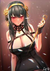 Rule 34 | 1girl, :o, aekun cben, bad id, bad pixiv id, black hair, blush, breasts, brown background, feet out of frame, gold, hair ornament, holding, holding weapon, knife, large breasts, long hair, looking at viewer, red eyes, signature, spy x family, suspenders, weapon, yor briar