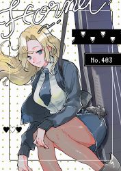Rule 34 | 1girl, blonde hair, blue eyes, blue jacket, blue necktie, blue skirt, bomber jacket, breasts, brown pantyhose, character name, heart, highres, hornet (kancolle), jacket, kantai collection, long hair, long sleeves, necktie, pantyhose, pencil skirt, shirt, simple background, skirt, solo, toroween, weapon case, white shirt