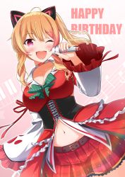 Rule 34 | .live, 1girl, ahoge, animal ears, bare shoulders, belt, blonde hair, blush, bow, bowtie, breasts, brown belt, cat ears, cleavage, cowboy shot, detached sleeves, fake animal ears, fang, frills, green bow, green bowtie, happy birthday, highres, holding, holding microphone, large breasts, long hair, microphone, miniskirt, multicolored hair, music, nail polish, namae hamada, navel, nekonoki mochi, one eye closed, pink hair, pink nails, red eyes, red skirt, side ponytail, simple background, singing, skirt, smile, solo, streaked hair, virtual youtuber