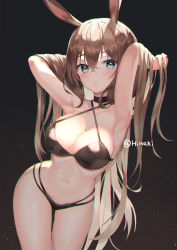 1girl alternate_hairstyle amiya_(arknights) animal_ears aqua_eyes arknights armpits arms_up artist_name bare_arms bare_shoulders bikini black_background black_bikini black_choker blue_eyes blush breasts brown_hair choker cleavage closed_mouth collarbone commentary_request cowboy_shot criss-cross_halter crossed_bangs hair_between_eyes hair_down halterneck hands_in_hair highres hinaki_(hinaki_0102) large_breasts leaning_forward long_hair looking_at_viewer medium_breasts multi-strapped_bikini navel rabbit_ears rabbit_girl revision simple_background solo standing stomach string_bikini swimsuit thigh_gap thighs twitter_username very_long_hair water_drop wet wet_hair wide_hips