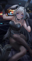 Rule 34 | 1girl, animal ears, arknights, bare shoulders, black gloves, black pantyhose, blue eyes, blush, bow, bowtie, breasts, car interior, cellphone, cleavage, commentary, detached collar, embarrassed, english commentary, fake animal ears, gloves, highres, holding, holding phone, jay xu, leotard, light particles, long hair, looking at viewer, pantyhose, phone, playboy bunny, rabbit ears, rabbit girl, savage (arknights), silver hair, solo, two side up, weapon