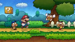 Rule 34 | 2boys, ? block, artist name, baseball cap, blue headwear, blue overalls, blue pants, blue sky, brown footwear, brown hair, bush, buttons, closed mouth, cloud, commentary, day, english commentary, facial hair, fence, flying, full body, gloves, goomba, goombario, grass, hands up, hat, highres, hill, long sleeves, looking at another, mario, mario (series), multiple boys, mustache, nintendo, open mouth, outdoors, overalls, pants, paper mario, paper mario 64, paragoomba, red headwear, red shirt, running, sharp teeth, shirt, shoes, short hair, signature, sky, smile, solid oval eyes, teeth, tree, tusks, vinny (dingitydingus), white gloves, wings