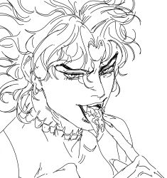 Rule 34 | 1boy, absurdres, after fellatio, ashva, cum, cum in mouth, dio brando, fangs, fingernails, highres, implied yaoi, jojo no kimyou na bouken, long hair, male focus, monochrome, nude, open mouth, scar, scar on neck, sharp fingernails, stardust crusaders, tongue, tongue out, vampire