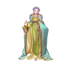 Rule 34 | 1girl, absurdres, basket, commentary request, dress, fire emblem, fire emblem: the binding blade, fire emblem heroes, flower, food, fruit, full body, gold trim, green eyes, hair ornament, head wreath, heterochromia, highres, holding, hood, hood down, idunn (divine demon) (fire emblem), idunn (fire emblem), kakage, light persona, long dress, long hair, looking at viewer, nintendo, official art, parted bangs, pointy ears, purple hair, red eyes, sandals, simple background, smile, solo, standing, toes, white background