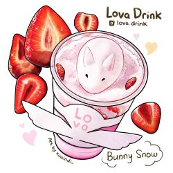 Rule 34 | artist name, drink, english text, food, food focus, fruit, heart, highres, no humans, original, sparkle, still life, strawberry, strawberry slice, white background, xindi