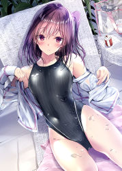 Rule 34 | 1girl, bad id, bad pixiv id, black one-piece swimsuit, blush, breasts, can, chair, commentary request, competition swimsuit, covered navel, drink can, gluteal fold, groin, hair ornament, hair scrunchie, highleg, highleg swimsuit, highres, jacket, kobayashi chisato, large breasts, long sleeves, looking at viewer, one-piece swimsuit, one side up, original, parted lips, plant, purple eyes, purple hair, scrunchie, short hair, side ponytail, simple background, sitting, skindentation, soda can, solo, swimsuit, swimsuit under clothes, towel, undressing, water, wet