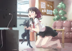 Rule 34 | 1girl, :o, animal, barefoot, black cat, black hair, blush, board, carrying, cat, couch, feet, holding, holding animal, holding cat, indoors, kagawa yuusaku, kneeling, open mouth, original, plant, red eyes, school uniform, serafuku, short hair, solo, spread toes, television, toes