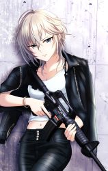 Rule 34 | 1girl, absurdres, against wall, air gun, airsoft, airsoft gun, anastasia (idolmaster), assault rifle, blue eyes, bracelet, breasts, commentary, concrete, fingernails, gun, highres, holding, holding gun, holding weapon, idolmaster, idolmaster cinderella girls, jacket, jacket on shoulders, jewelry, leather, leather jacket, leather pants, midriff, navel, pants, popon ta, rifle, serious, shirt, short hair, small breasts, solo, tank top, unzipped, wall, weapon, weapon request, white hair, white shirt, zipper, zipper pull tab