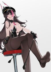 Rule 34 | 1girl, black hair, breasts, character request, copyright request, feet, foot out of frame, gloves, hat, highres, jiu ye sang, legs, leotard, long hair, medium breasts, necktie, no shoes, pantyhose, pink necktie, purple eyes, riding crop, sitting, soles, solo, stool, toes, white background
