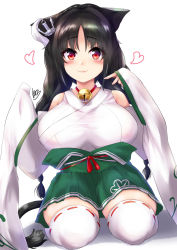 Rule 34 | 1girl, anchor hair ornament, animal ears, azur lane, bare shoulders, bell, black hair, blush, braid, breasts, cat ears, detached sleeves, green hakama, hair ornament, hakama, hakama skirt, heart, highres, ibara azuki, japanese clothes, jingle bell, kimono, large breasts, lips, long hair, looking at viewer, neck bell, ooshio (azur lane), red eyes, shadow, simple background, sitting, skirt, smile, solo, thighhighs, twin braids, wariza, white background, white thighhighs