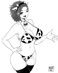 Rule 34 | 1girl, animal ears, animal print, breasts, cleavage, commission, cow girl, cow print, cow print bikini, cowboy shot, fake animal ears, fake horns, greyscale, hand on own hip, happy, highres, horned headwear, horned hearband, horns, large breasts, monochrome, navel, neck bell, norman maggot, one eye closed, original, print bikini, simple background, skindentation, smile, solo, standing, strap gap, thighhighs, white background, wink