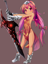 Rule 34 | 1girl, blush, breasts, brown background, child, dark-skinned female, dark skin, eyebrows, female focus, full body, hair ornament, hair ribbon, head tilt, highres, holding, holding sword, holding weapon, long hair, long twintails, looking at viewer, makuran, no panties, original, pelvic curtain, pointy ears, ribbon, shiny skin, simple background, small breasts, solo, standing, sword, twintails, very long hair, weapon