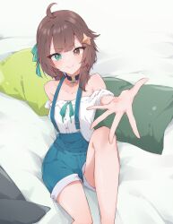 Rule 34 | 1girl, absurdres, ahoge, airenif, bare shoulders, bed sheet, black choker, blue overalls, blush, braid, brown eyes, brown hair, choker, collarbone, commentary, commission, cross-shaped pupils, english commentary, green eyes, green ribbon, hair flaps, hair ornament, hair ribbon, heterochromia, highres, indie virtual youtuber, knee up, medium hair, meica (vtuber), mismatched pupils, off-shoulder shirt, off shoulder, outstretched hand, overall shorts, overalls, pendant choker, pillow, reaching, reaching towards viewer, ribbon, shirt, short shorts, shorts, single braid, sitting, smile, sprout-shaped pupils, sprout pendant, star (symbol), star hair ornament, symbol-shaped pupils, v-shaped eyebrows, virtual youtuber, white shirt
