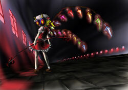 Rule 34 | 1girl, blonde hair, colored sclera, commentary, corruption, crossover, dark persona, dress, evyngr, flandre scarlet, green eyes, hat, holding, holding staff, majora (entity), mask, nintendo, possessed, possession, short hair, staff, standing, the legend of zelda, the legend of zelda: majora&#039;s mask, touhou, window, wings, yellow sclera