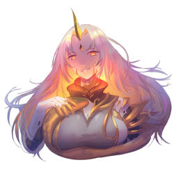 Rule 34 | 1girl, blonde hair, breasts, cleavage cutout, clothing cutout, eili enie, fire emblem, fire emblem heroes, glowing, gullveig (fire emblem), large breasts, multicolored hair, nintendo, oni horn, smile, snake, solo, turtleneck, upper body, white hair, yellow eyes