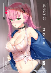 Rule 34 | 1girl, :o, alternate costume, anchor hair ornament, azur lane, belt, blue jacket, blue shorts, blush, breasts, cleavage, covered erect nipples, crop top, green eyes, hair between eyes, hair ornament, hairclip, highres, indoors, jacket, large breasts, long hair, looking at viewer, looking away, memphis (azur lane), midriff, navel, nose blush, parted lips, peeking, pink hair, recording, see-through, shirt, shorts, silveroid, solo, stomach, sweat, tied shirt, twintails, undressing, viewfinder, voyeurism, wet, wet clothes, wet shirt, white shirt