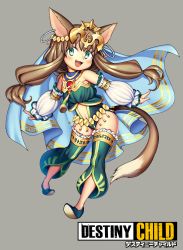 Rule 34 | 1girl, alternate costume, animal ears, bast (destiny child), blush, brown hair, cat ears, cat tail, copyright name, destiny child, earrings, full body, green eyes, grey background, highres, iroyopon, jewelry, looking at viewer, navel, open mouth, simple background, smile, solo, tail