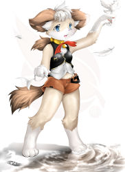 Rule 34 | 1girl, :3, ancesra, animal, animal ear fluff, animal ears, animal hands, animal nose, arm up, artist name, bandages, bare shoulders, barefoot, bell, belt, bird, black vest, blue eyes, blush, body fur, breasts, brown hair, claws, collar, cropped vest, dog ears, dog tail, eris (ancesra), fang, feathers, female focus, full body, furry, furry female, hand up, happy, highres, holding, jingle bell, light blush, long hair, looking up, multicolored hair, navel, neck ribbon, open mouth, orange shorts, original, pawpads, red ribbon, ribbon, ripples, shirt, short shorts, shorts, signature, simple background, sleeveless, sleeveless shirt, small breasts, smile, snout, solo, standing, tail, two-tone fur, two-tone hair, vest, water, white background, white fur, white hair, white shirt, yellow fur