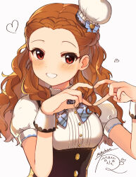Rule 34 | 1girl, blue ribbon, blush, braid, braided bangs, brown eyes, brown hair, chef hat, corset, curly hair, dot nose, dress, finger heart, forehead, hat, heart, highres, idolmaster, idolmaster cinderella girls, idolmaster cinderella girls starlight stage, long hair, looking at viewer, mini hat, mmmakaron888, open mouth, plaid, plaid ribbon, red eyes, ribbon, seki hiromi, short sleeves, signature, simple background, smile, solo, white background, white dress