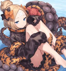 Rule 34 | 1girl, abigail williams (fate), abigail williams (traveling outfit) (fate), bandaid, bandaid on face, bandaid on forehead, belt, black bow, black jacket, blonde hair, blue eyes, blush, bow, breasts, chorefuji, crossed bandaids, fate/grand order, fate (series), forehead, hair bow, hair bun, heroic spirit traveling outfit, jacket, legs, long hair, looking at viewer, multiple hair bows, official alternate costume, orange belt, orange bow, parted bangs, single hair bun, small breasts, smile, stuffed animal, stuffed toy, tentacles