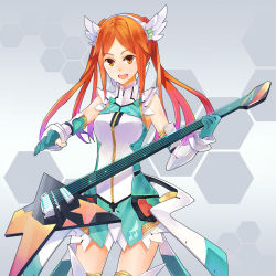 Rule 34 | 1girl, bad id, bad pixiv id, brown eyes, detached sleeves, guitar, hao (patinnko), highres, honeycomb (pattern), honeycomb background, honeycomb pattern, idol, instrument, matching hair/eyes, miraselia, orange eyes, orange hair, phantasy star, phantasy star online 2, quna (pso2), red hair, simple background, solo, thighhighs