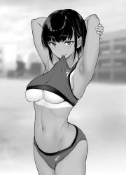 Rule 34 | 1girl, armpits, arms behind head, arms up, ass, bikini tan, biting, blush, breasts, clothes in mouth, clothes lift, cowboy shot, gentsuki, greyscale, grin, highres, lifted by self, looking at viewer, medium breasts, monochrome, mouth hold, navel, original, shirt in mouth, shirt lift, short hair, sleeveless, smile, solo, tan, tanline, track uniform, underboob