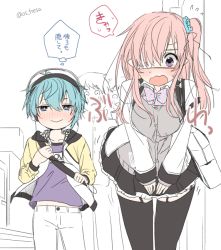 Rule 34 | 1girl, 3boys, black thighhighs, blue hair, blush, bow, bowtie, embarrassed, eyepatch, flying sweatdrops, headphones, jacket, multiple boys, nei (os), one side up, open mouth, original, os (os fresa), pink hair, pointy ears, purple eyes, skirt, smile, souta (os), sweat, thighhighs, translation request